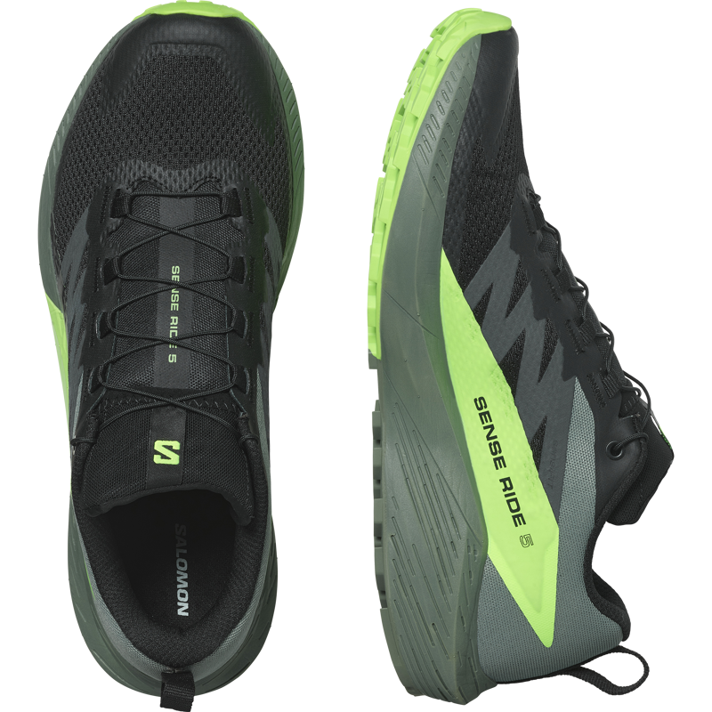 Salomon Mens Sense Ride 5 Black/Laurel Wreath/Green Gecko-1